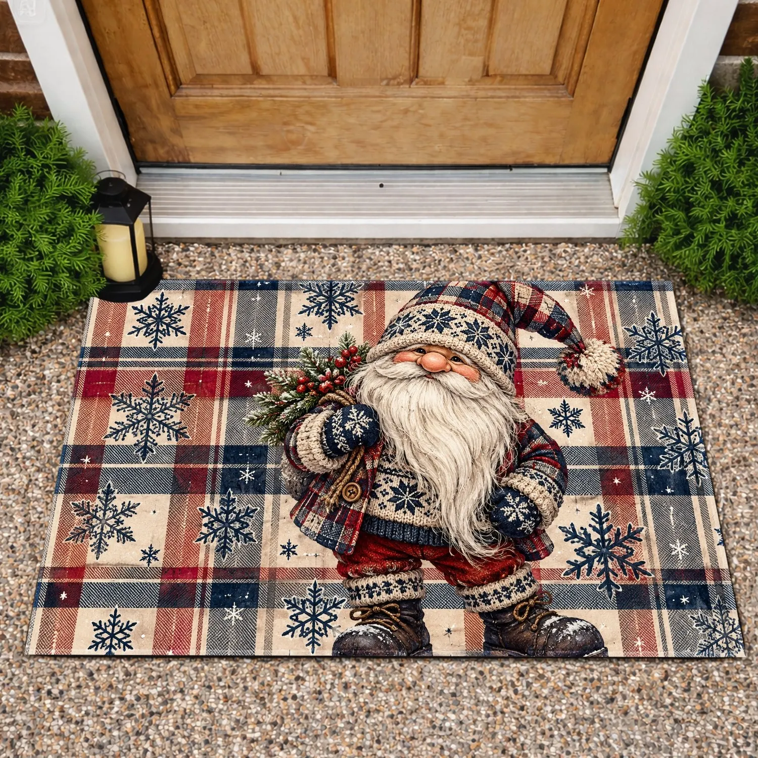 Nordic Christmas Gnome and Plaid Snowflakes for Rustic Winter Holiday Décor Doormat - 1