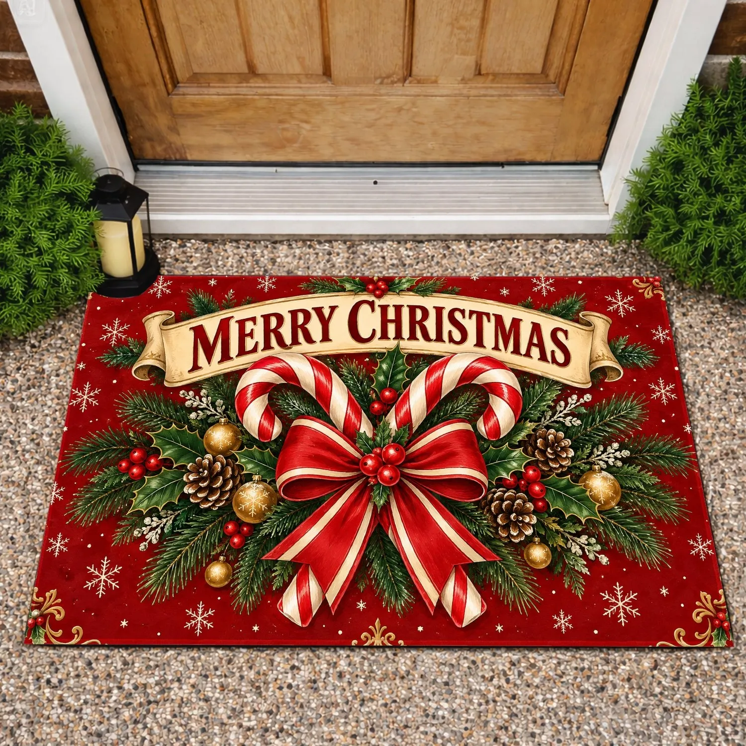 Candy Cane Holly Bow Christmas Entry Decor for a Festive Holiday Home Doormat - 1