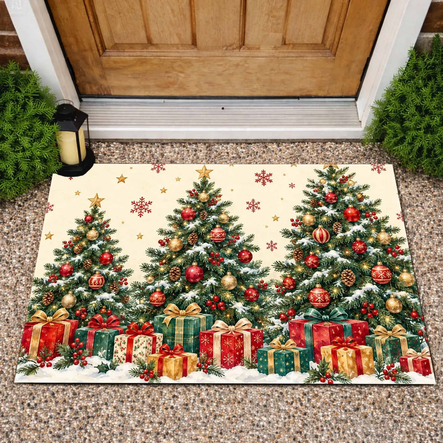 Watercolor Christmas Trees with Colorful Gifts for a Cozy Festive Holiday Home Decor Doormat - 1