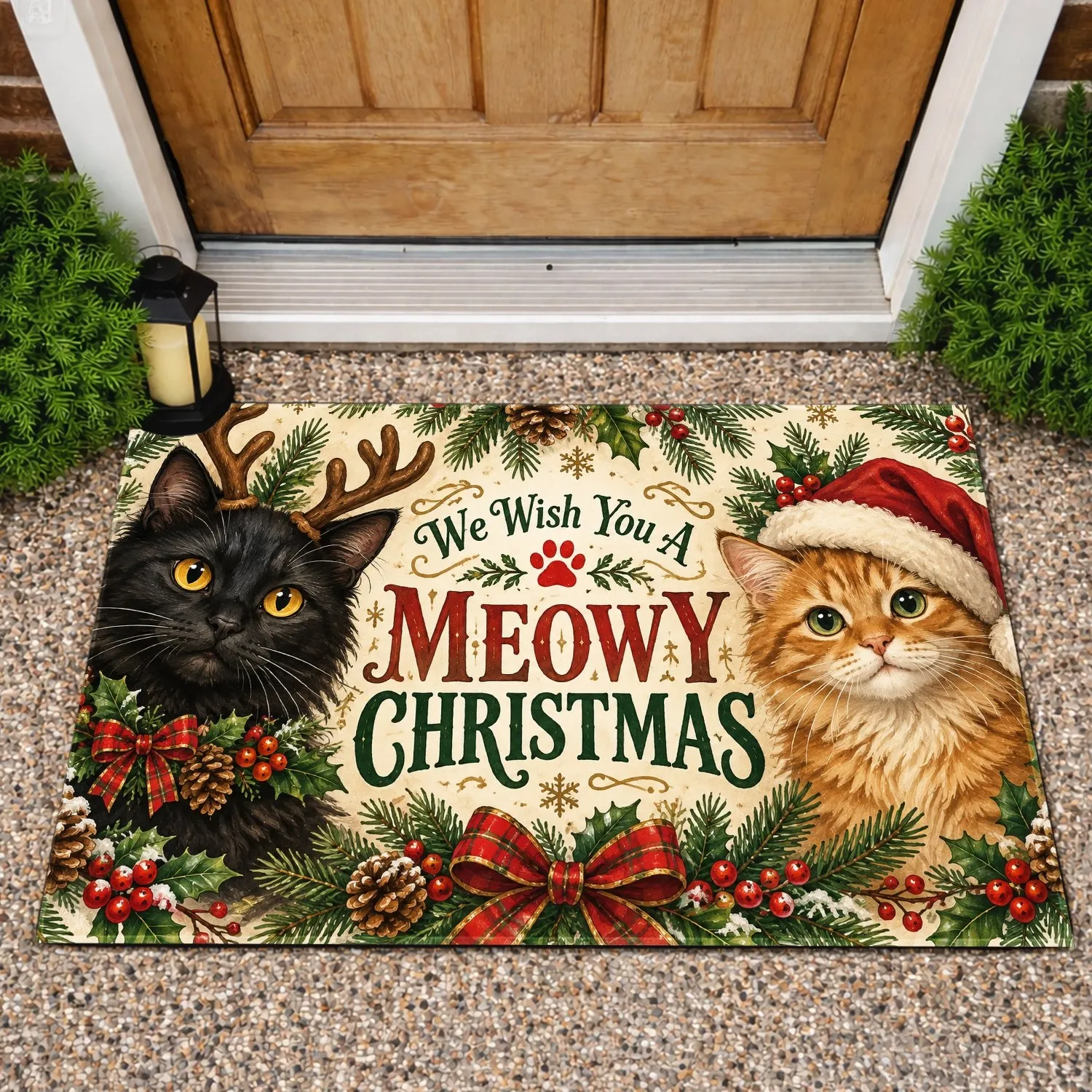 Christmas Cats With Antlers And Santa Hat For A Cozy Holiday Season Entryway Display Doormat - 1