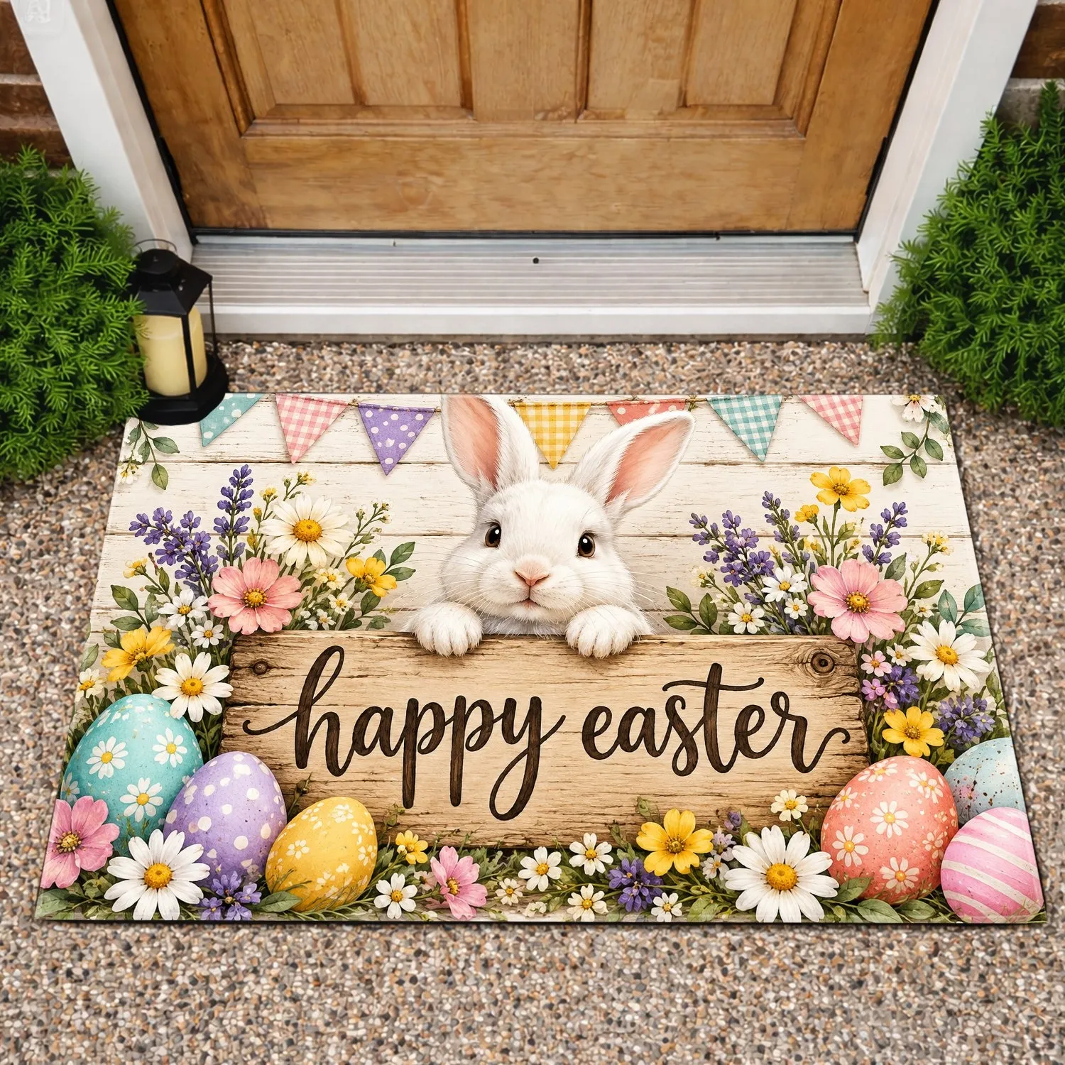 White Easter Bunny With Pastel Eggs and Wildflowers for Spring Holiday Cheer Doormat - 1