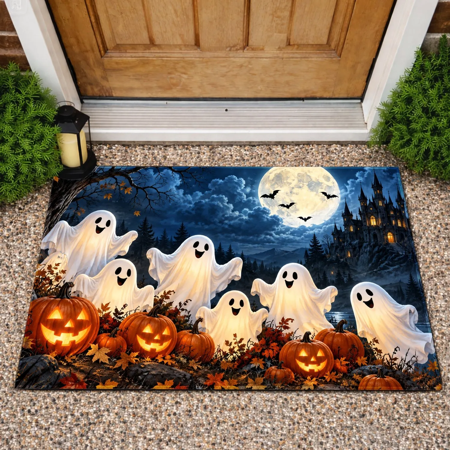 Friendly Ghosts, Glowing Pumpkins And Haunted Castle For Halloween Night Decor Doormat - 1
