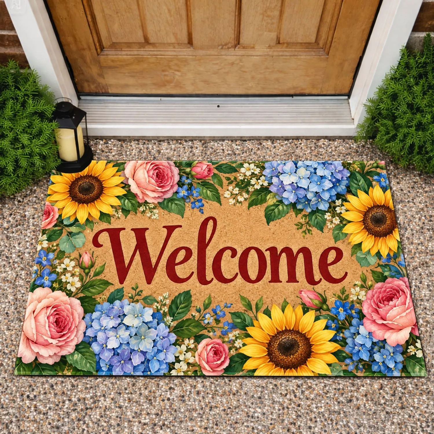 Floral Welcome Lettering With Roses, Sunflowers And Hydrangeas For A Warm Homecoming Doormat - 1