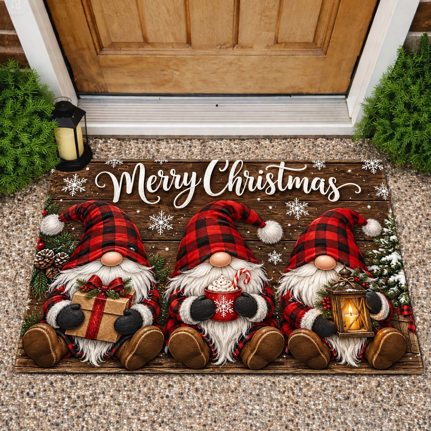 Three Buffalo-Check Christmas Gnomes for Festive Holiday Home Décor and Winter Cheer Doormat - 1