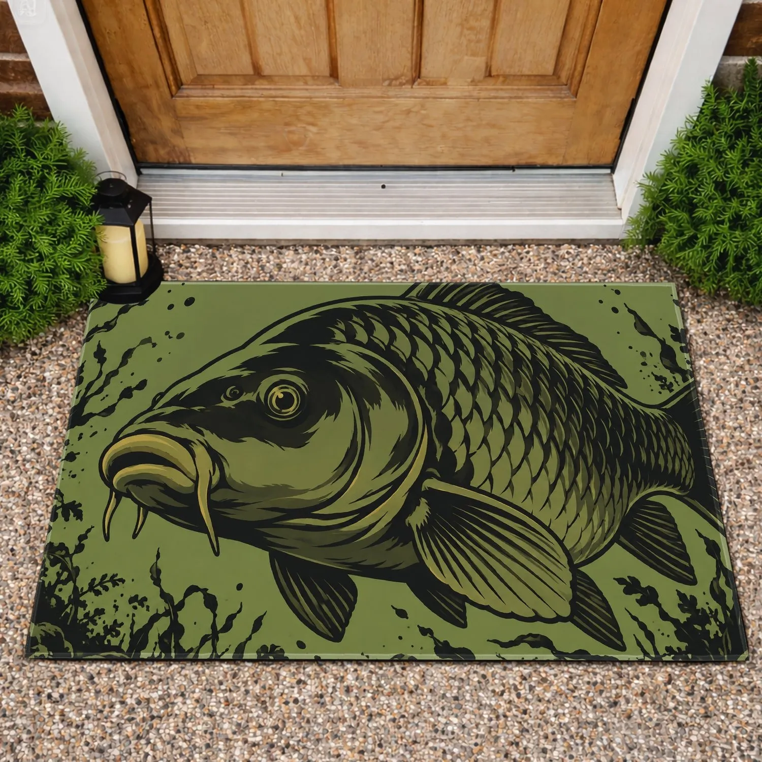 Olive Carp Fish Portrait for Angling Enthusiasts and Rustic Lake House Living Decor Doormat - 1