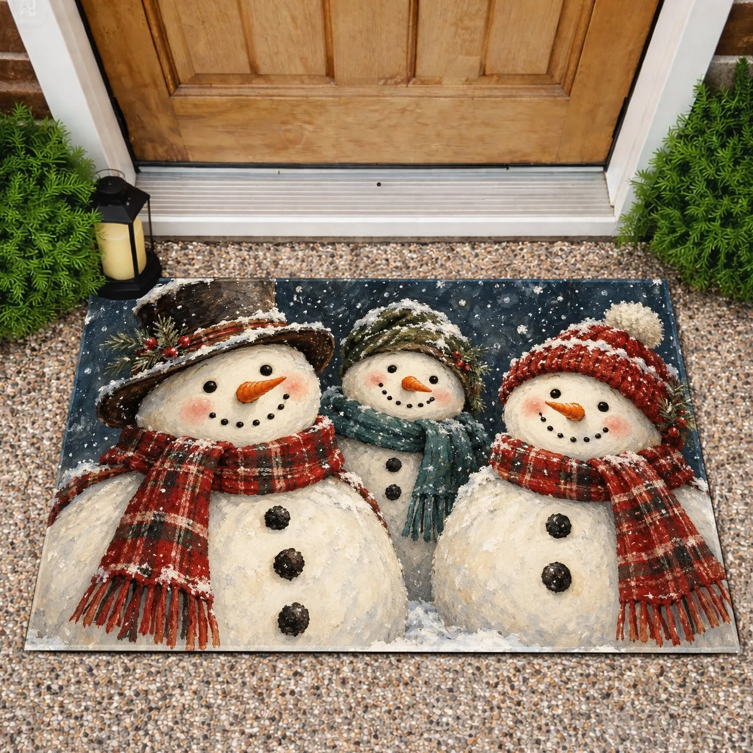 Three Rustic Christmas Snowmen in a Vintage Winter Scene for Cozy Holiday Home Decor Doormat - 1