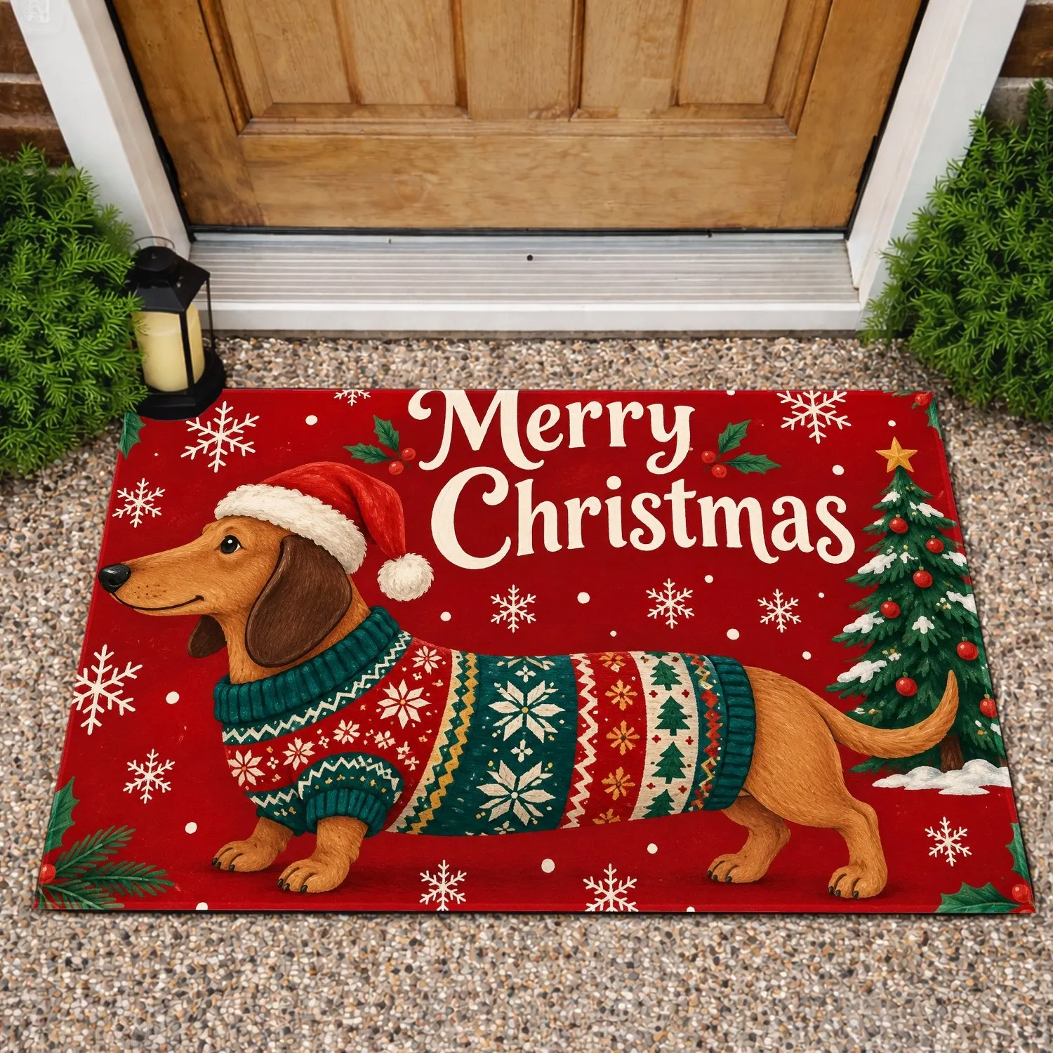 Christmas Dachshund in Santa Hat and Sweater for Festive Holiday Home Decor Doormat - 1