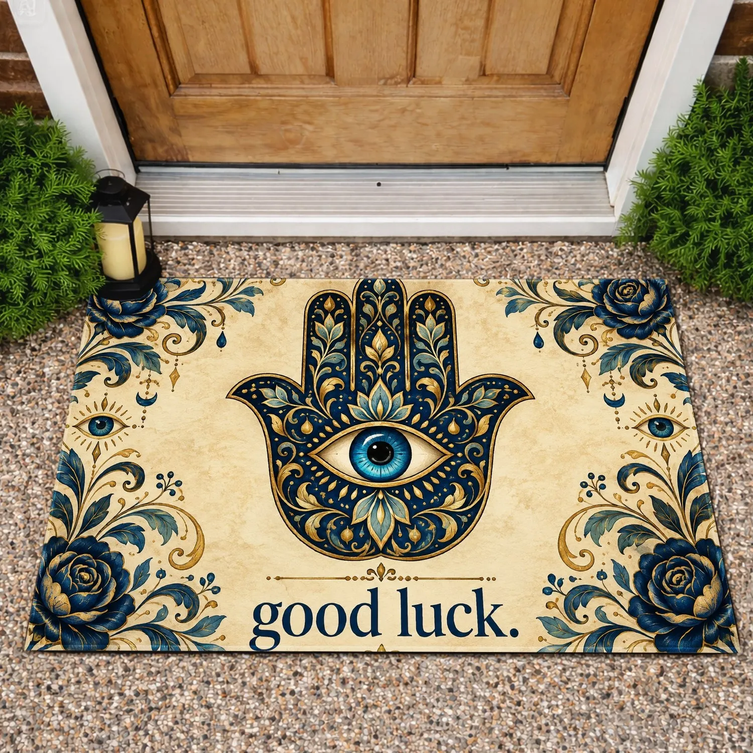 Golden Blue Hamsa Hand with Evil Eye for Bohemian Good Fortune and Housewarming Gifts Doormat - 1