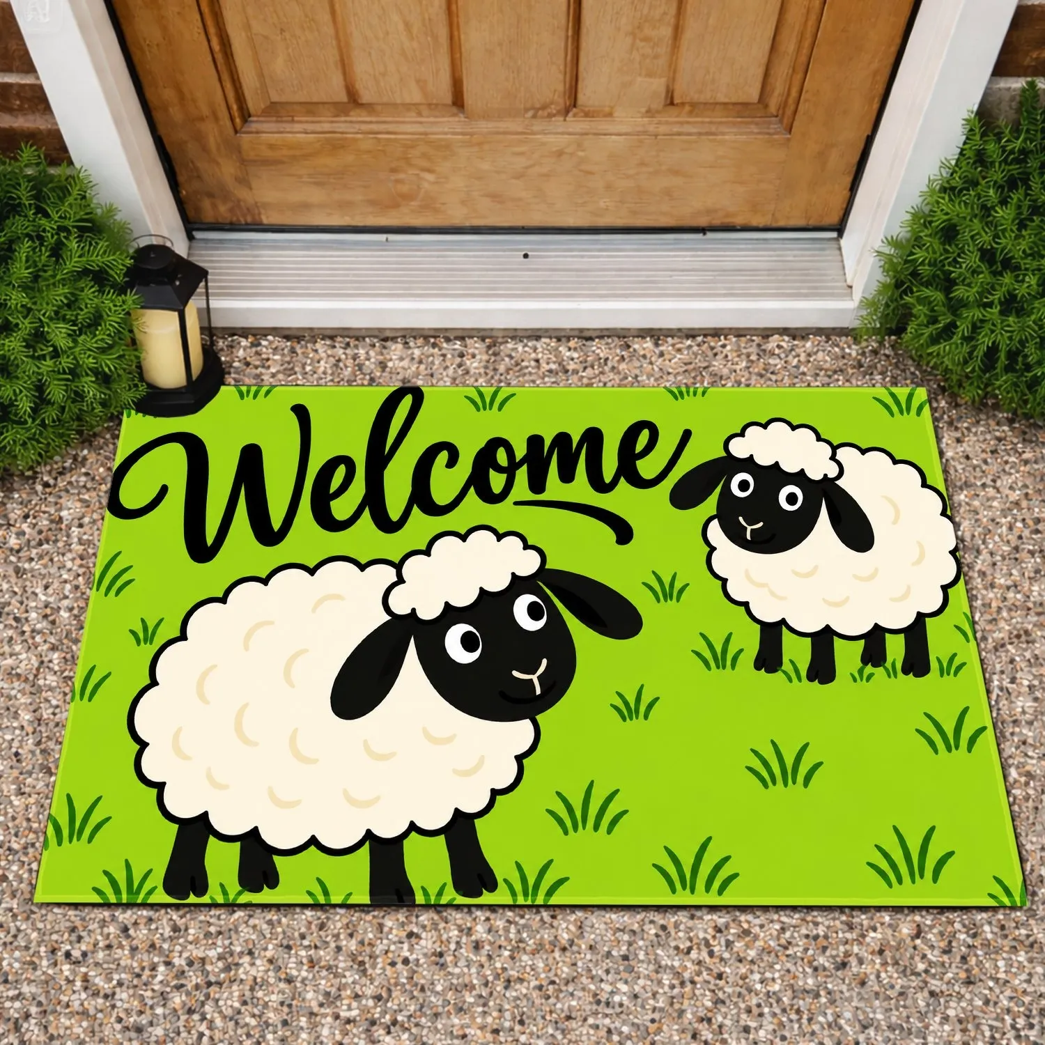 Two Sheep on a Lime Green Field for a Cheerful Farmhouse Entryway and Country Home Doormat - 1