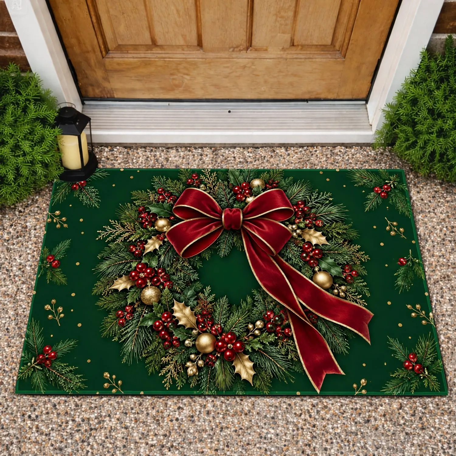 Evergreen Christmas Wreath with Red Bow for Festive Holiday Home Decorating Doormat - 1