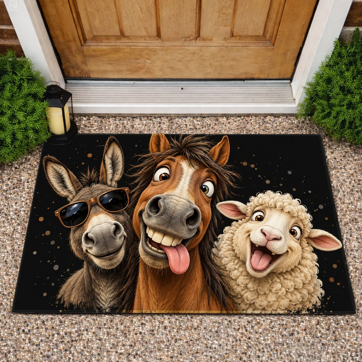 Goofy Donkey Horse and Sheep Faces for Playroom Entryway Farm Animal Lovers Doormat - 1