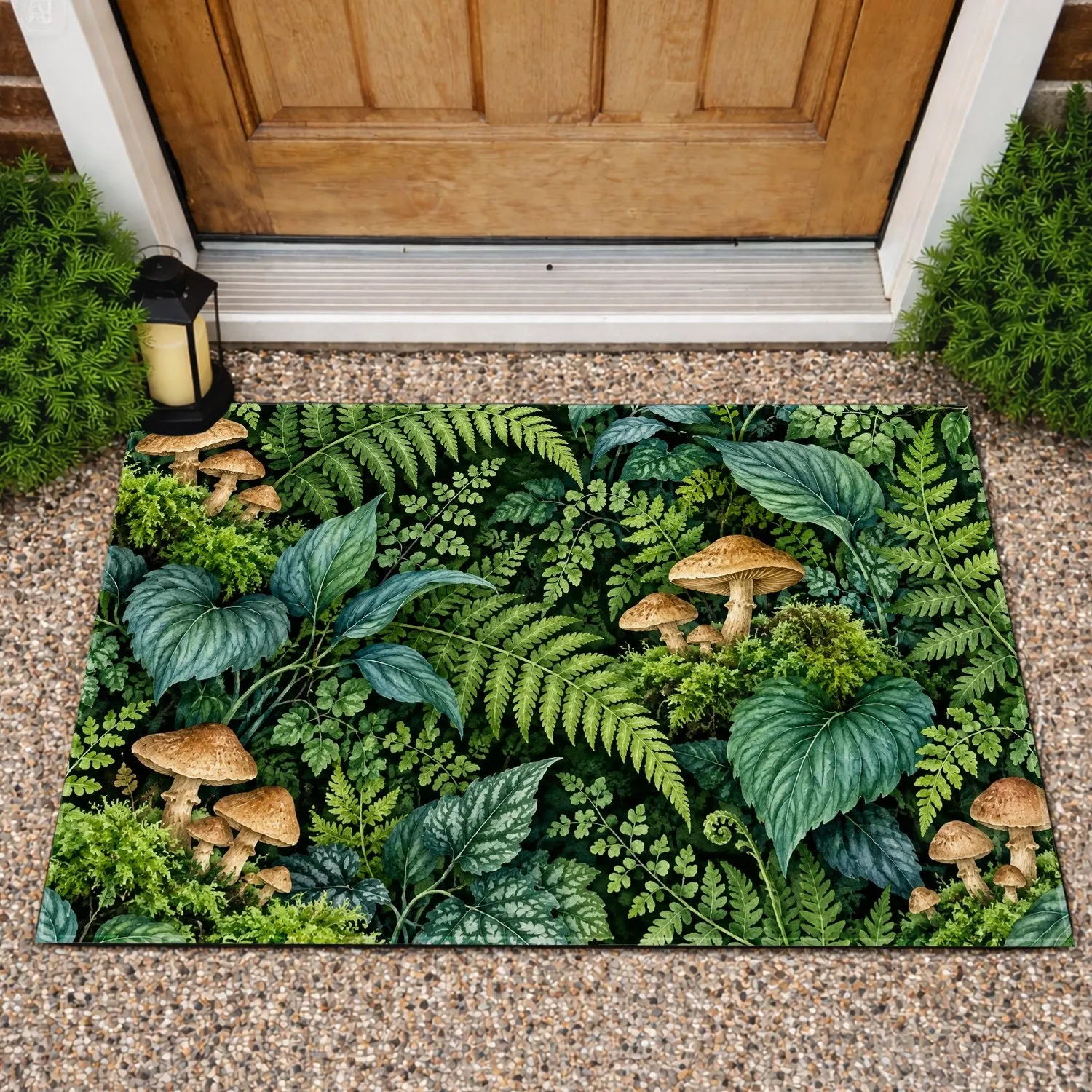 Watercolor Ferns, Moss and Woodland Mushrooms for Nature-Inspired Home Entryway Style Doormat - 1