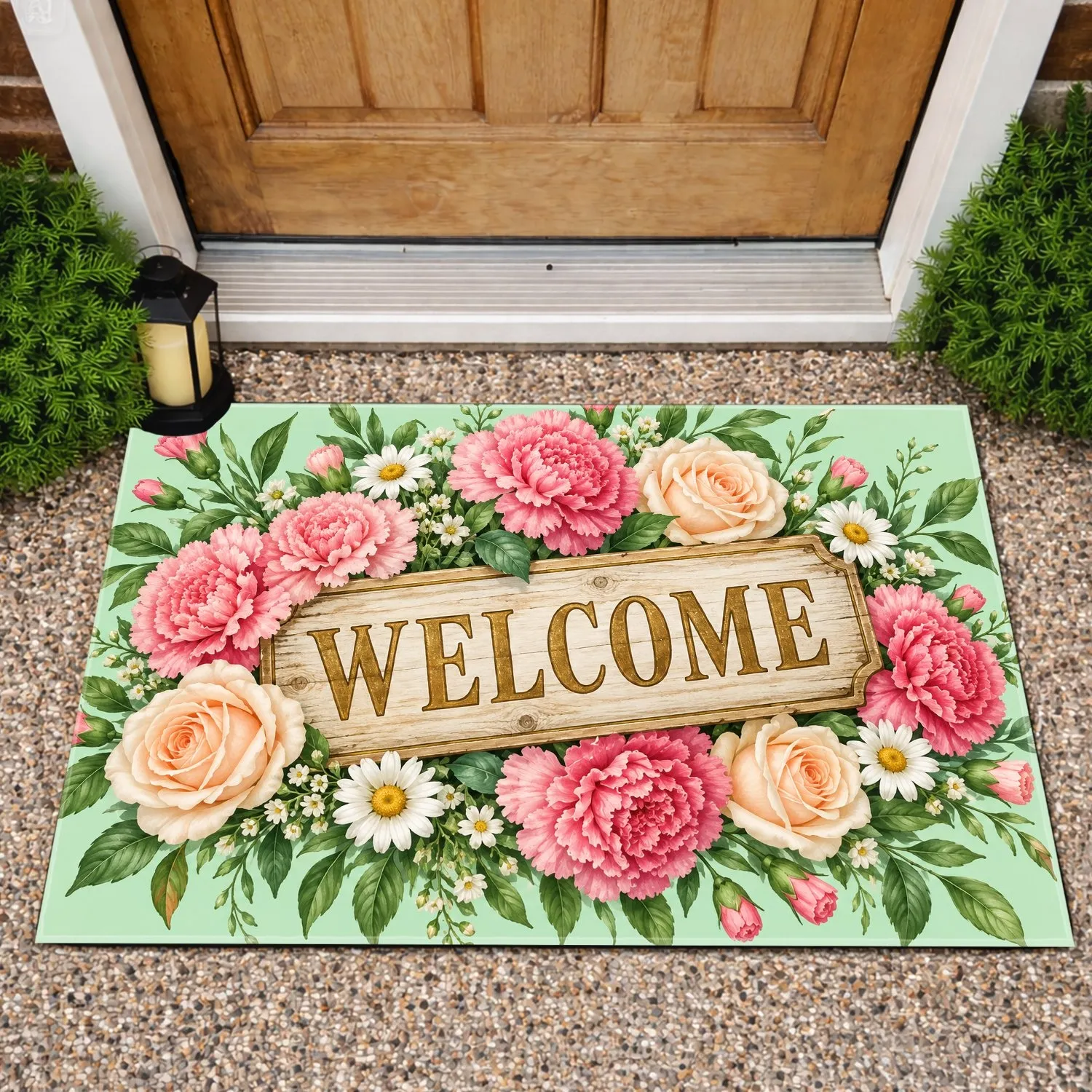 Pink Carnations, Cream Roses And Daisies For A Warm Seasonal Home Entrance Welcome Doormat - 1