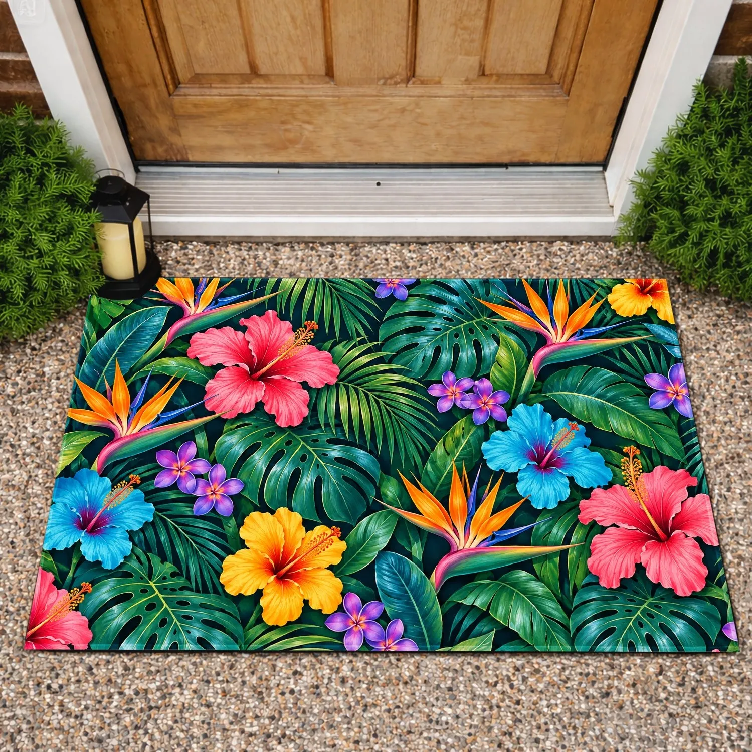 Tropical Hibiscus, Bird Of Paradise and Palm Leaves for a Vibrant Botanical Entryway Doormat - 1
