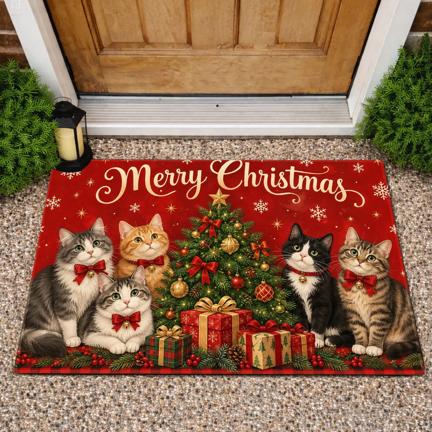 Christmas Cats Gather Around a Decorated Tree for Cozy Holiday Home Celebrations Doormat - 1