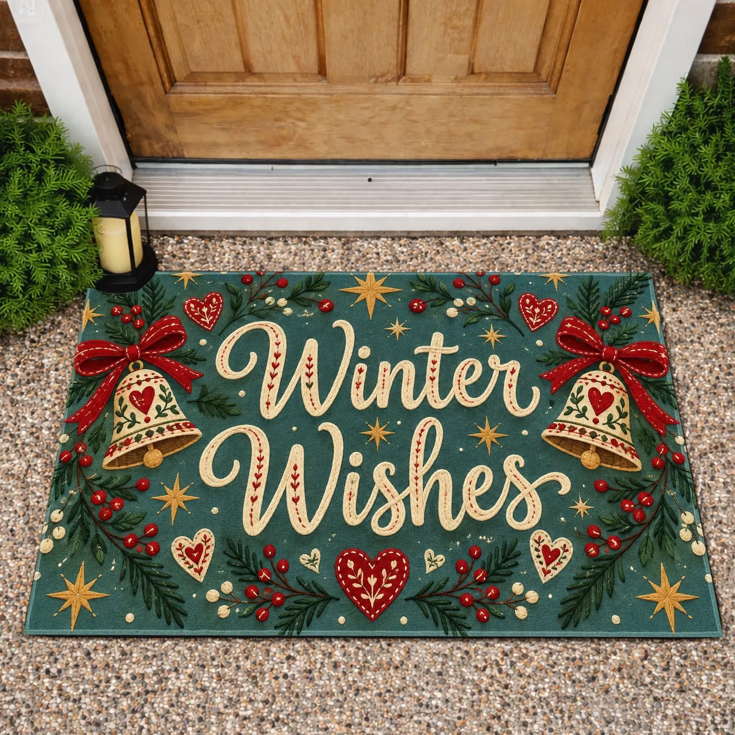 Winter Wishes Holiday Hearts and Bells for Cozy Christmas Home Entryway Cheerfulness Doormat - 1