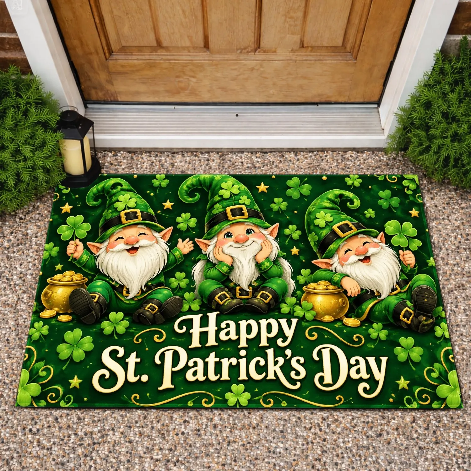 Three Cheerful Green-Hatted Gnomes for St. Patrick’s Day Seasonal Home Celebrations Doormat - 1