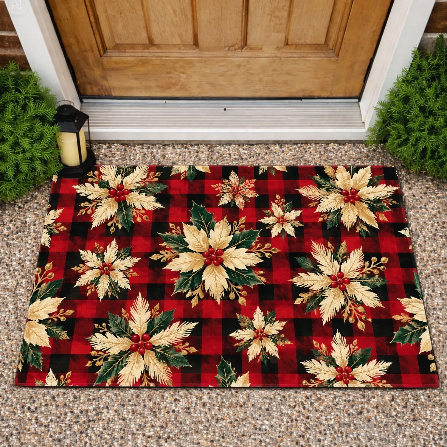Red Black Buffalo Plaid Poinsettia Holiday Style for Cozy Christmas Kitchen Homes Doormat - 1
