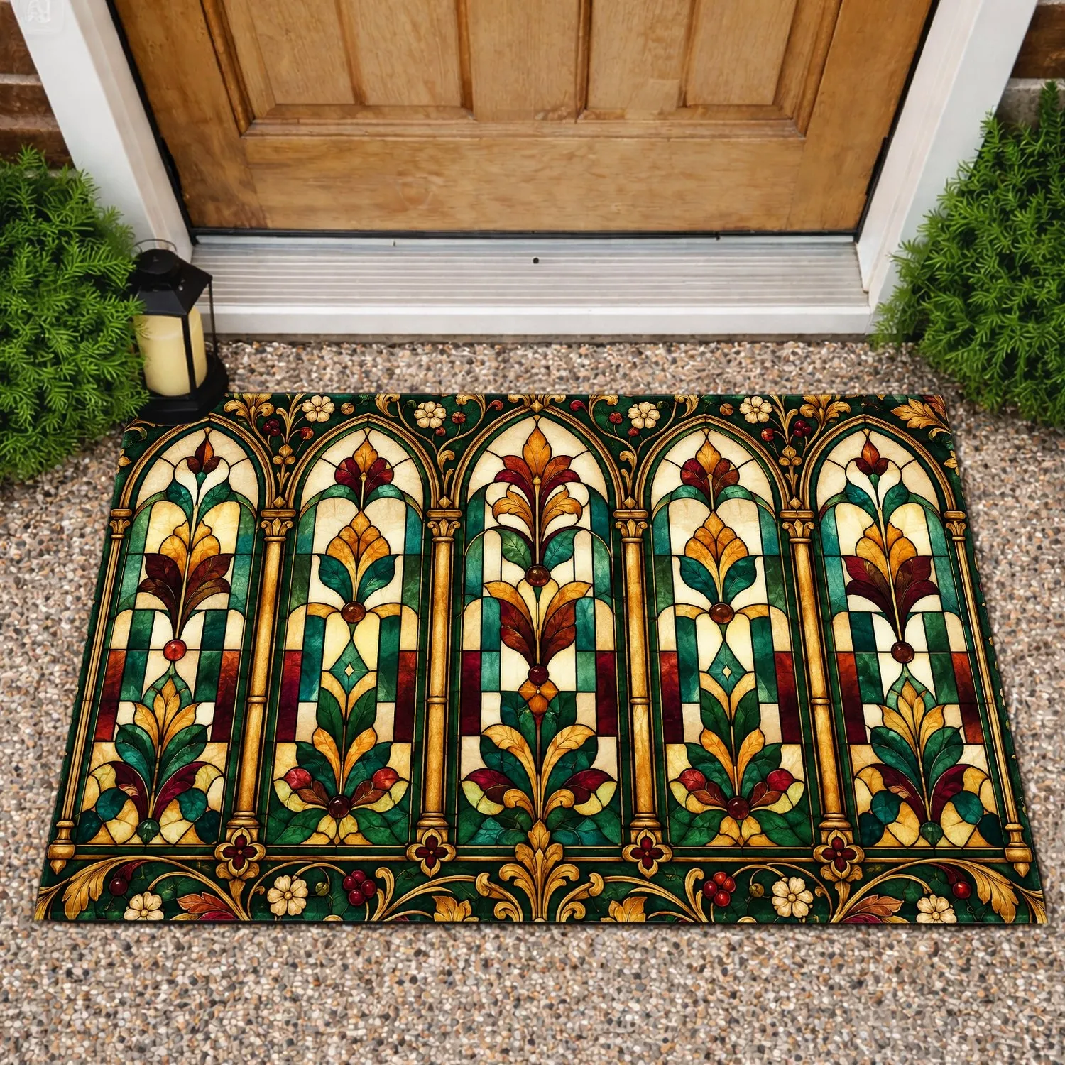 Vintage Stained Glass Arched Window Panel For Cozy European Autumn Home Decor Accents Doormat - 1