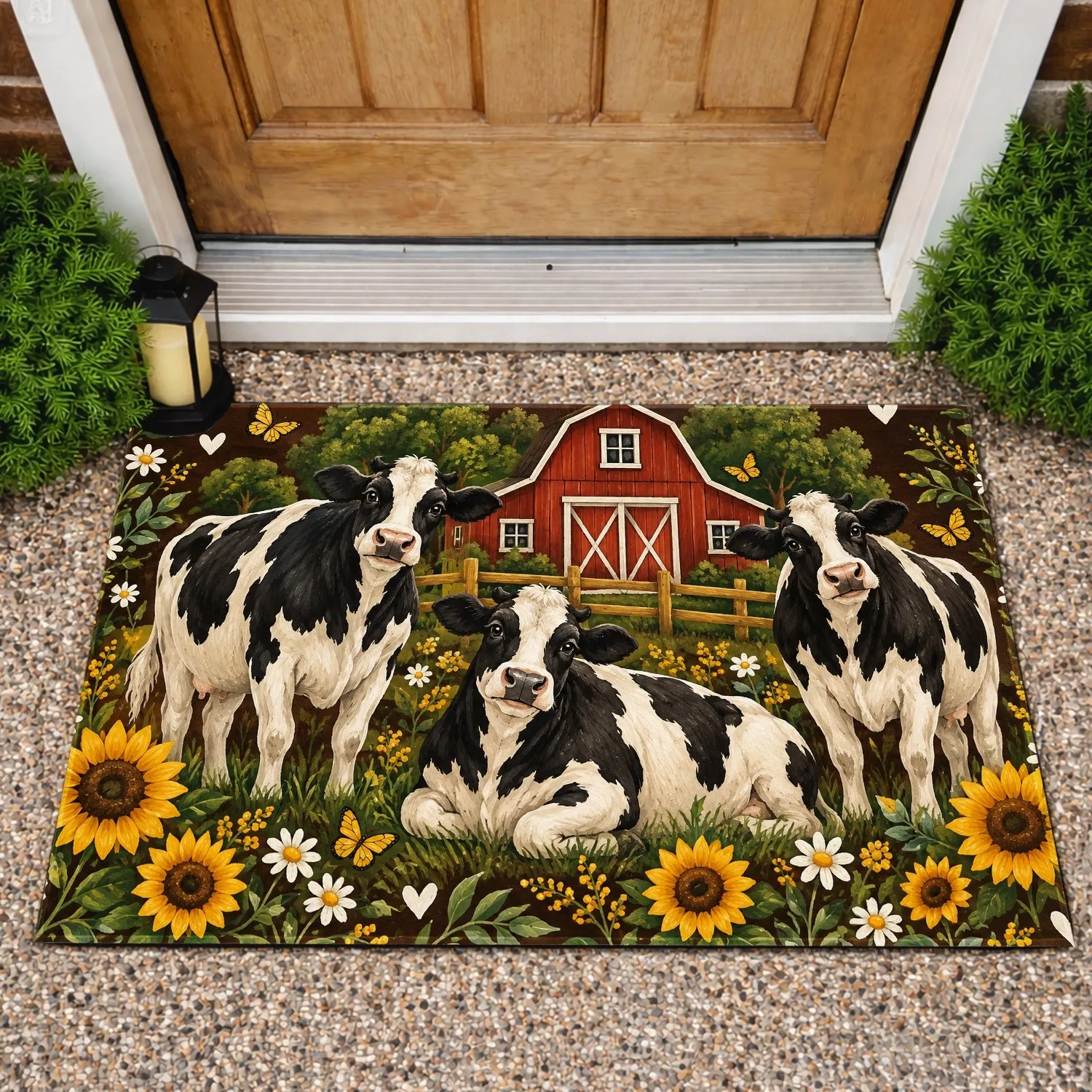 Holstein Cows Red Barn Sunflowers for Cozy Rustic Farmhouse Living Doormat - 1