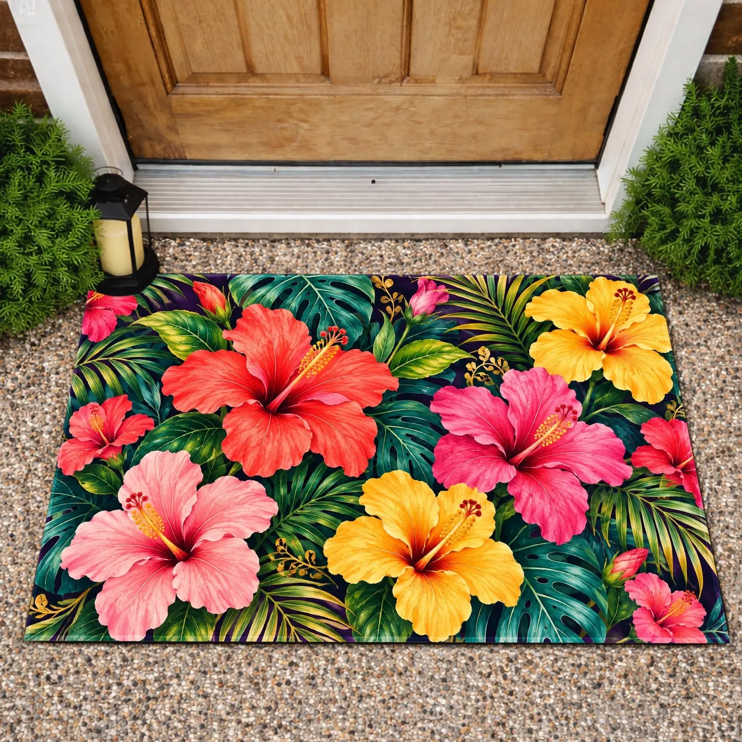 Tropical Hibiscus And Palm Leaves For A Colorful Island-Inspired Home Doormat - 1