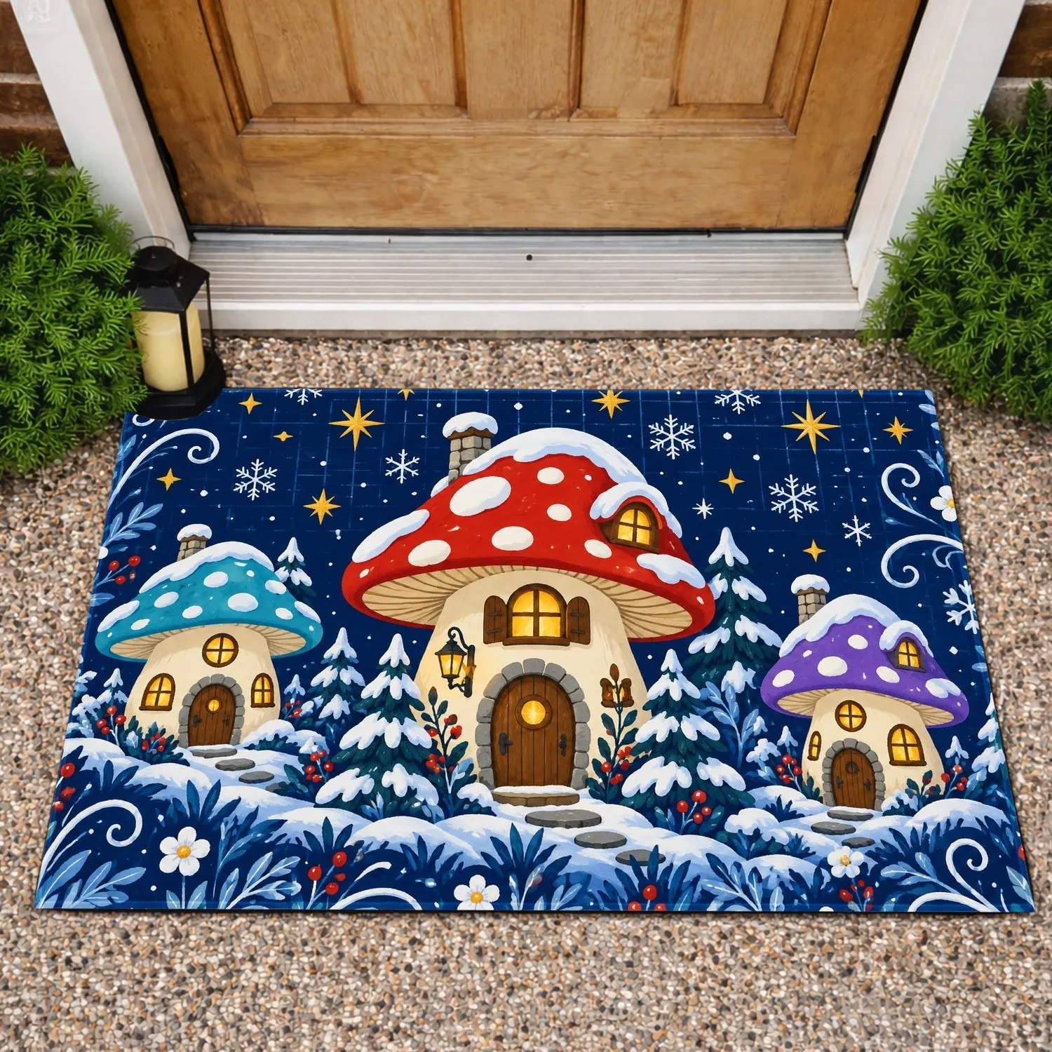 Whimsical Mushroom Cottage Nightscape for Cozy Winter Holiday Home Decorating Fairytale Doormat - 1