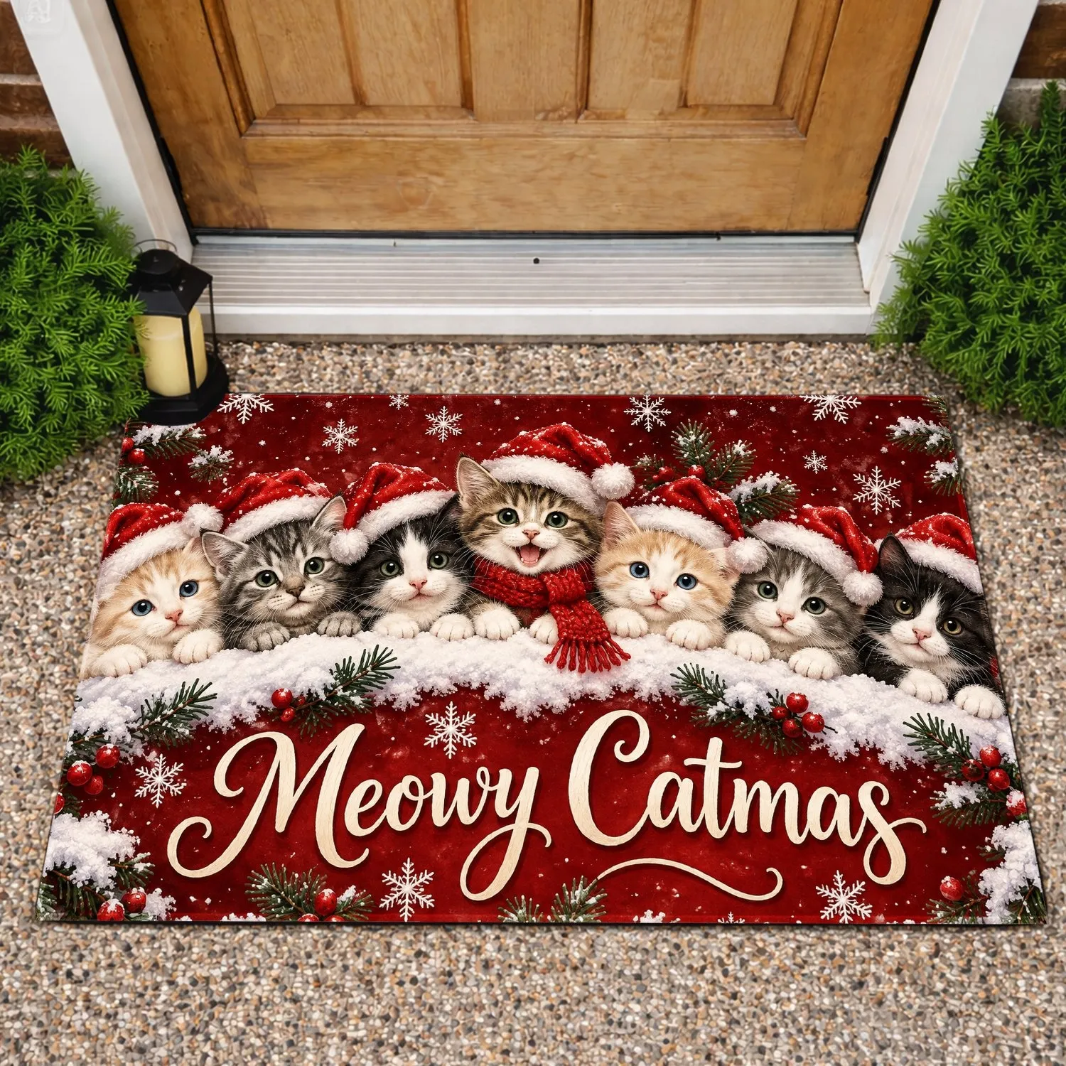 Seven Christmas Kittens in Santa Hats for a Cheerful Holiday Home and Cat Lovers Doormat - 1