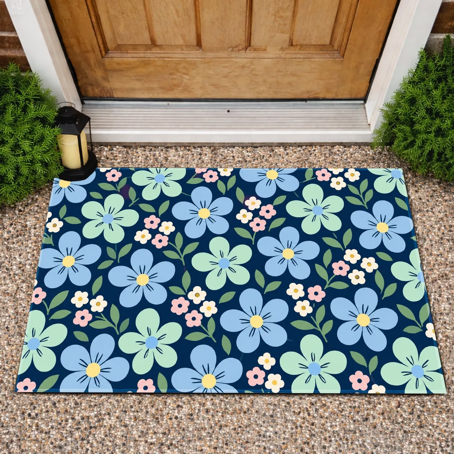 Blue And Mint Wildflower Clusters For A Calm Nordic Cottage Entryway And Home Decor Doormat - 1