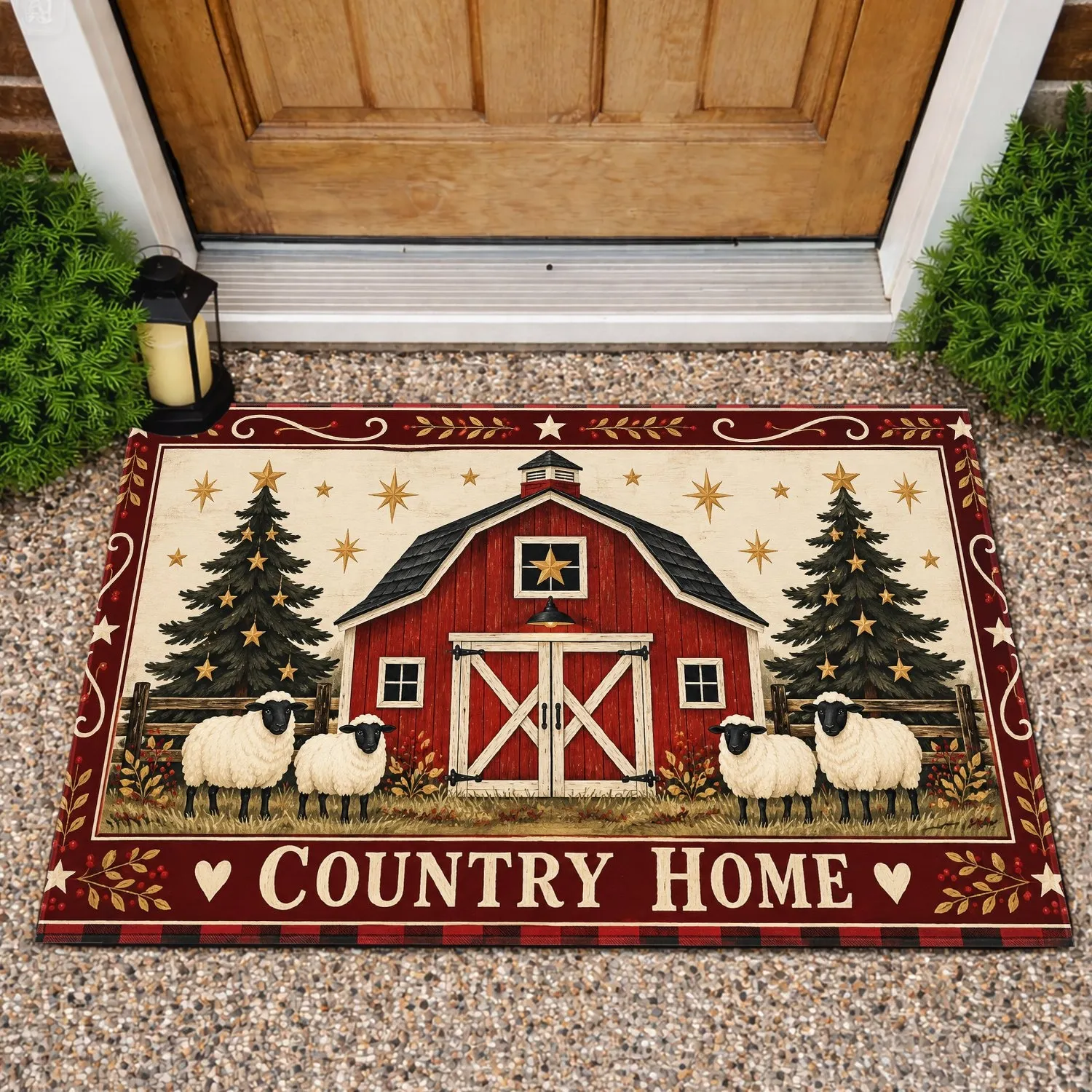 Rustic Red Barn, Sheep and Evergreen Trees for Cozy Country Cottage Holiday Cheer Doormat - 1