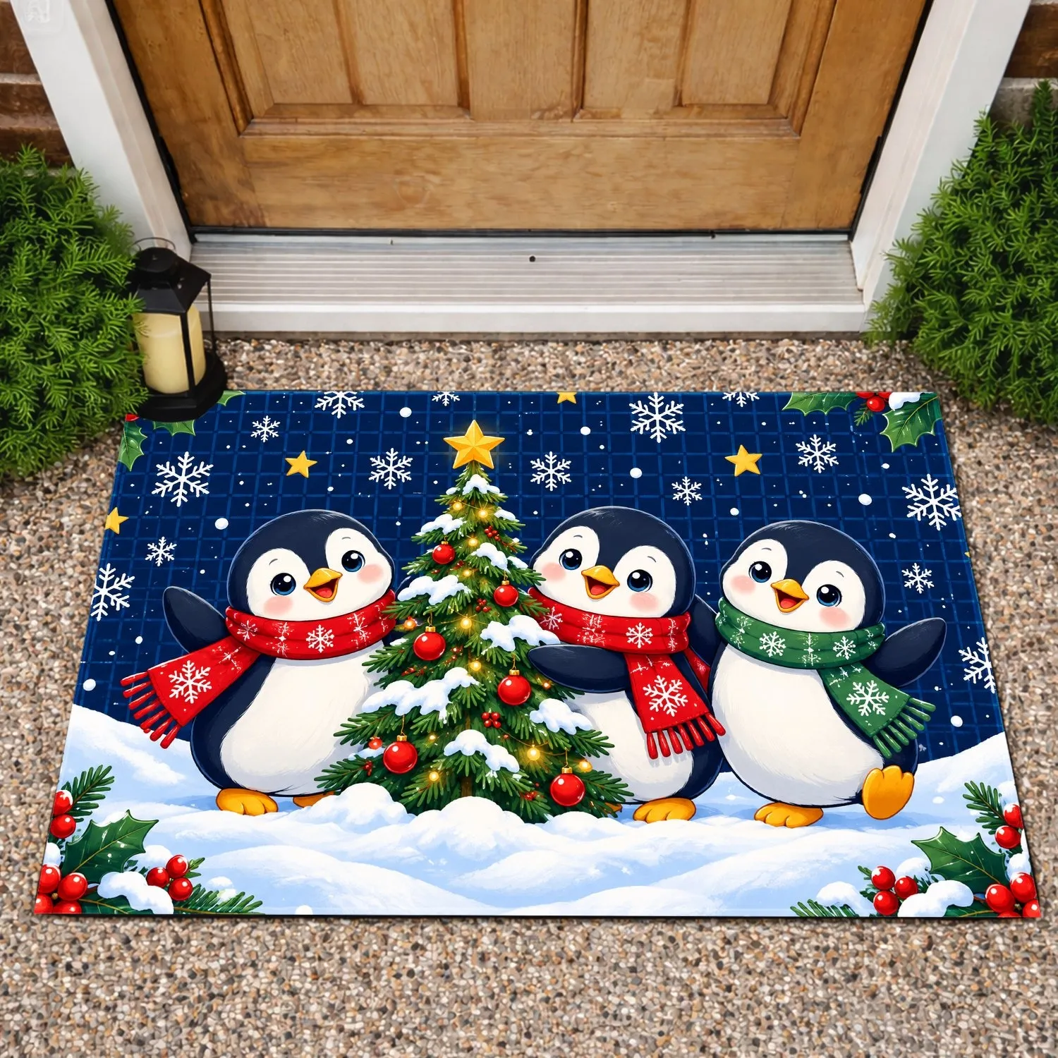 Three Scarf-Wearing Penguins Around a Snowy Tree for Cozy Christmas Holiday Cheer Indoors Doormat - 1