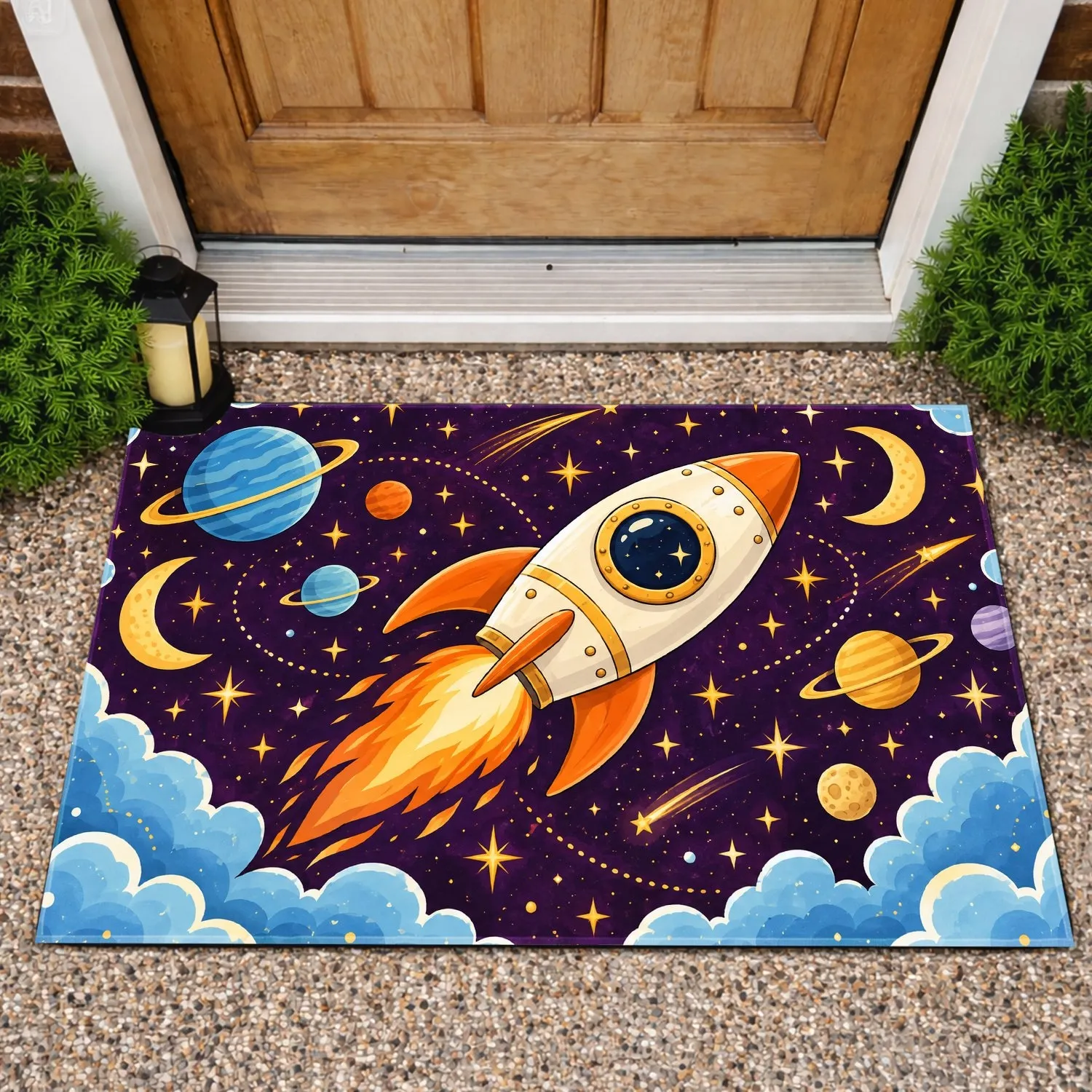 Whimsical Rocket and Starry Space for Imaginative Kids’ Bathrooms Doormat - 1