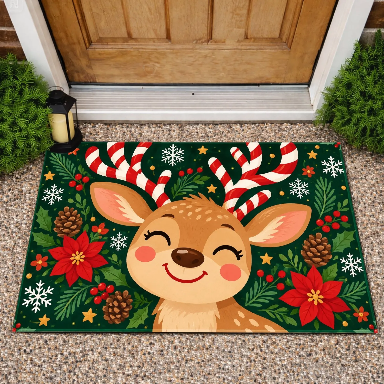 Cheerful Reindeer With Striped Antlers for Cozy Christmas Home Decorating and Winter Cheer Doormat - 1