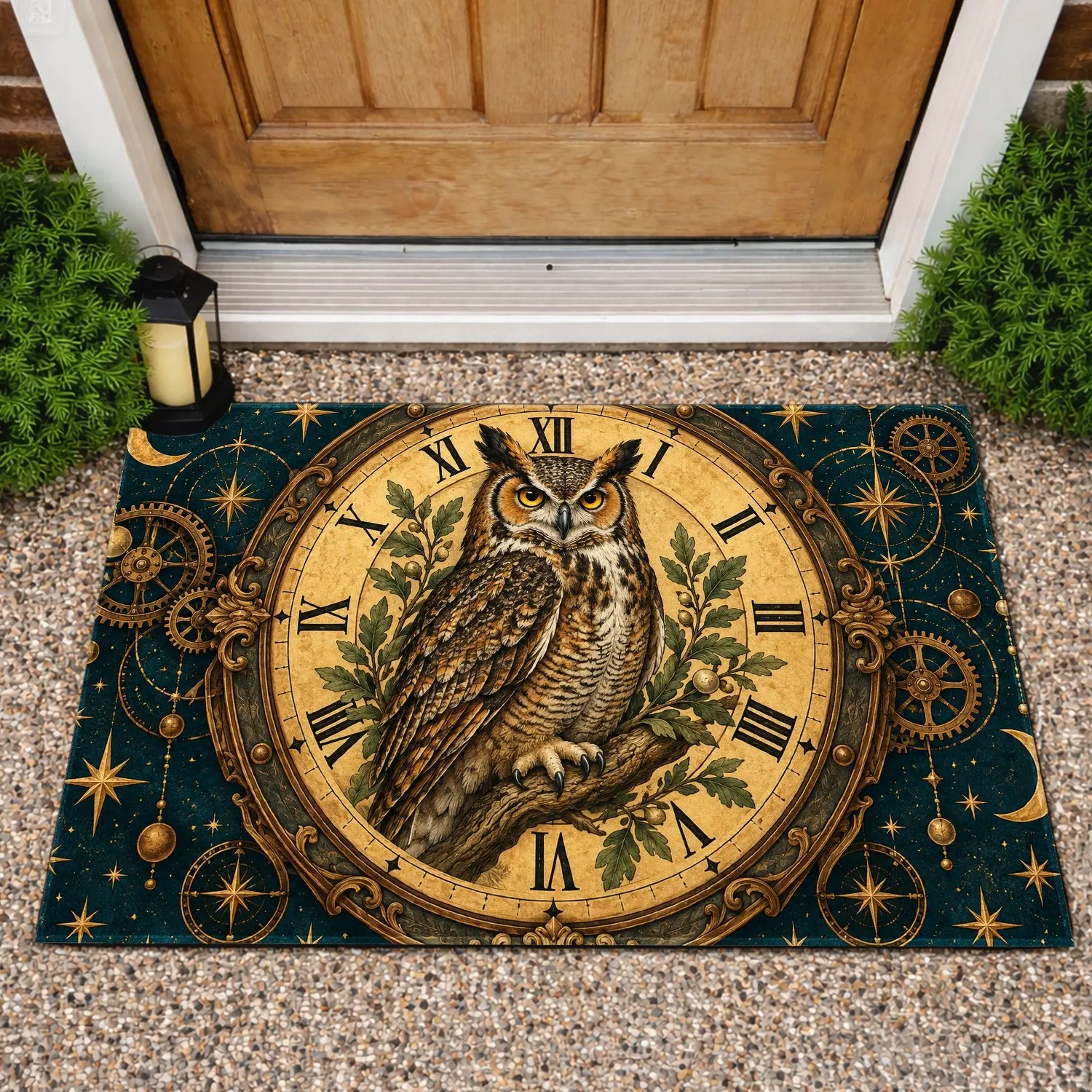 Vintage Owl Clock Face for Whimsical Woodland Entryway Charm and Nature Lovers Doormat - 1