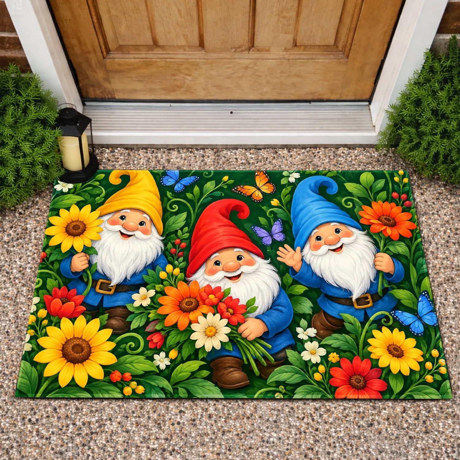 Three Garden Gnomes With Butterflies for a Cheerful Autumn Entryway, Whimsical Home Decor Doormat - 1