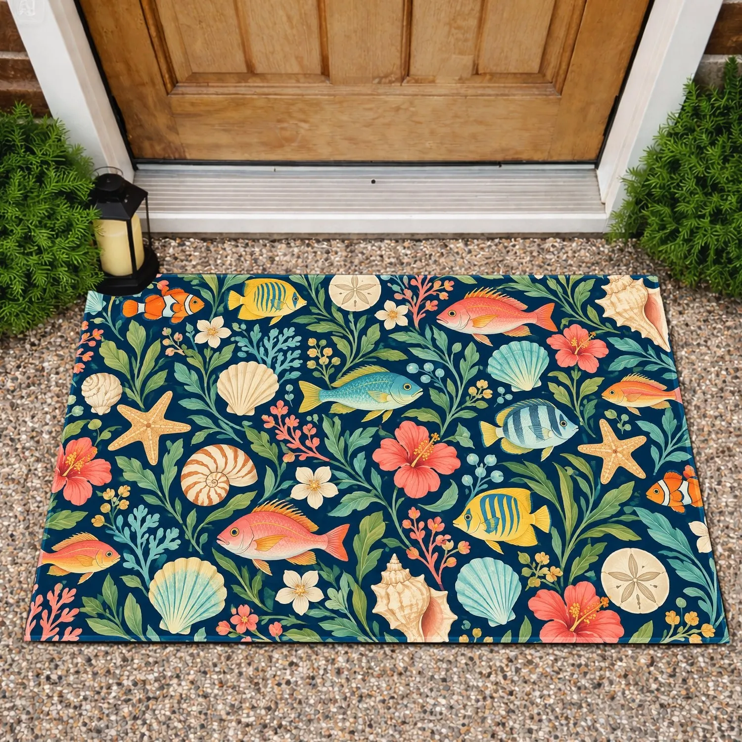 Navy Blue Fish, Seashell and Botanical Motifs for Coastal Home Style and Ocean Lovers Doormat - 1