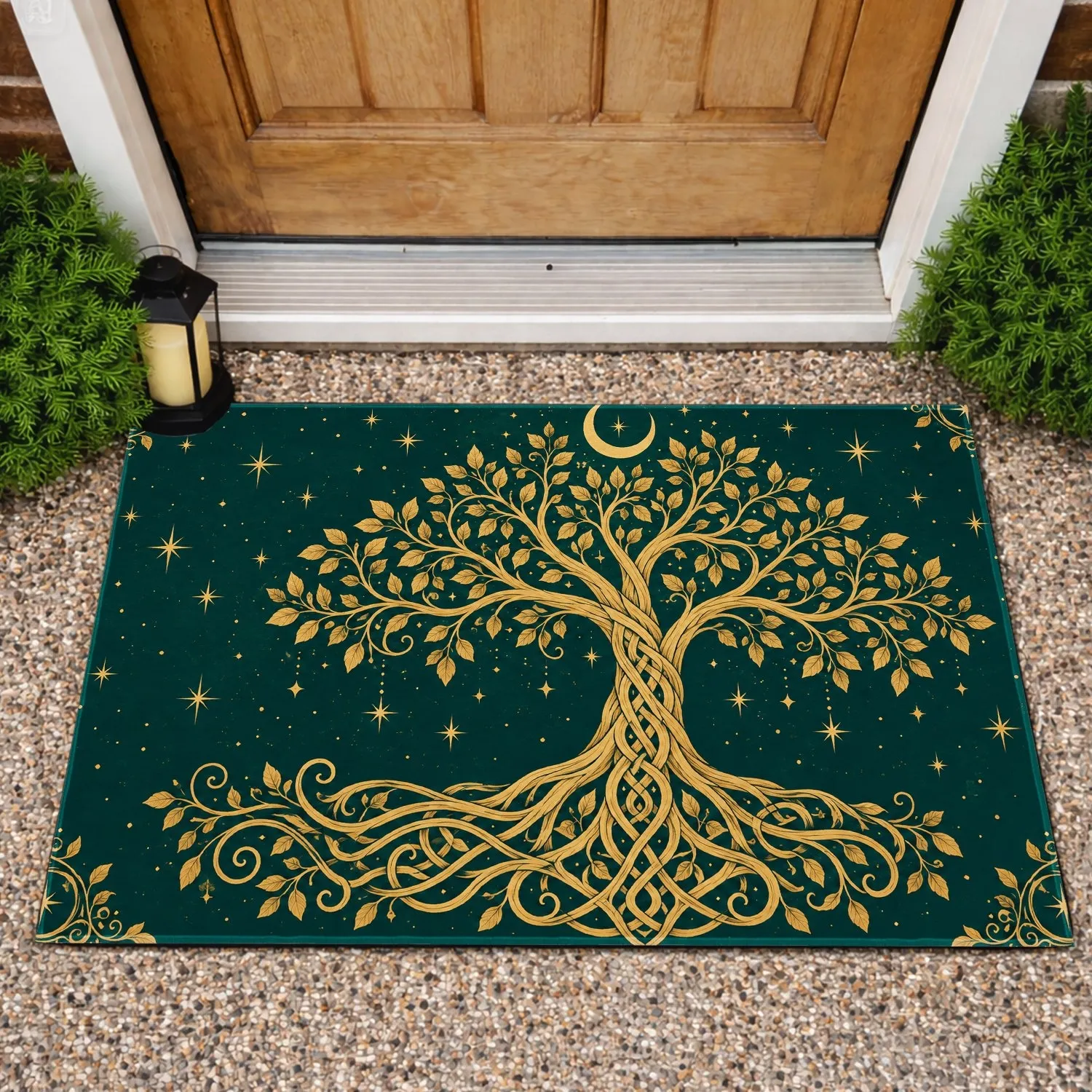 Golden Tree Of Life And Crescent Moon Celestial Decor For Spiritual Home Living Doormat - 1