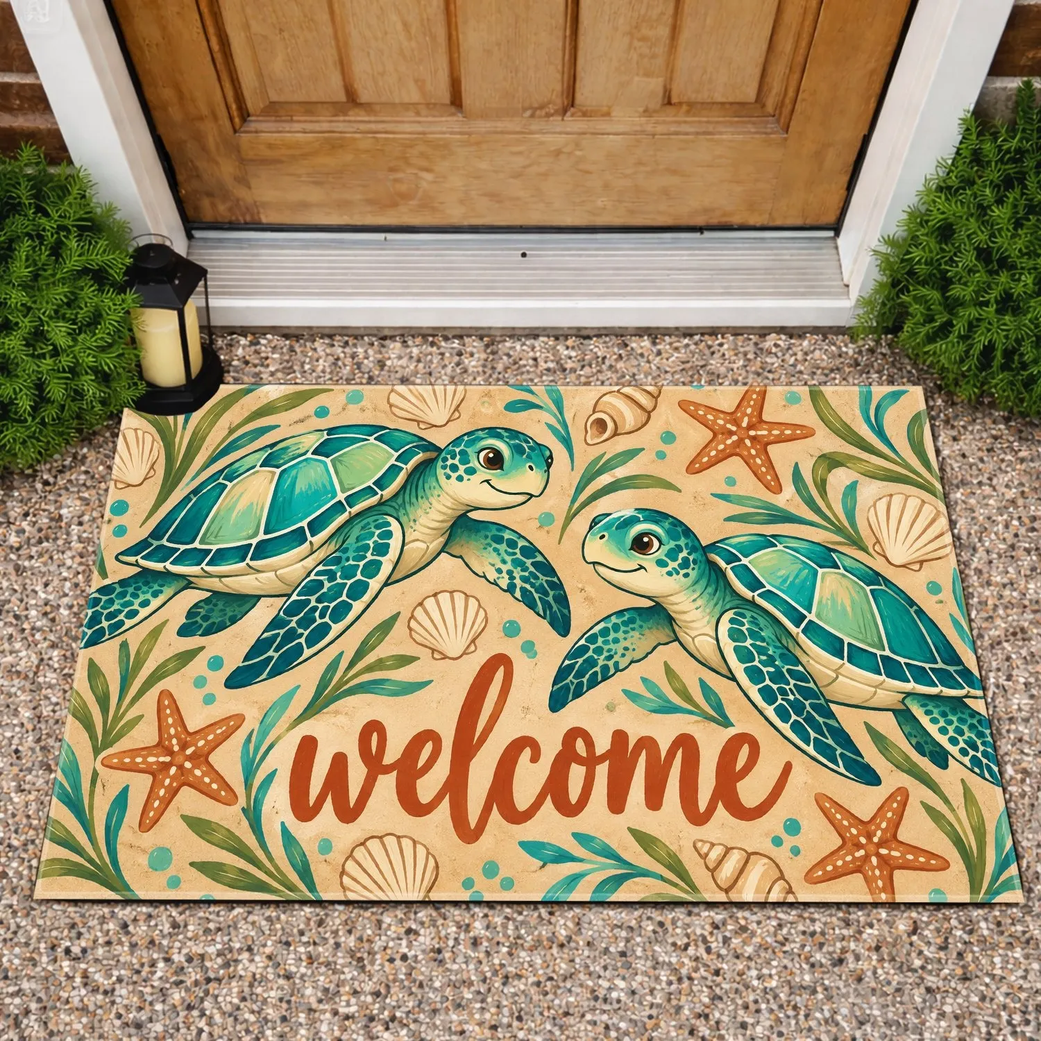 Sea Turtle Welcome with Seashells for a Relaxed Coastal Beach House Entryway Charm Doormat - 1