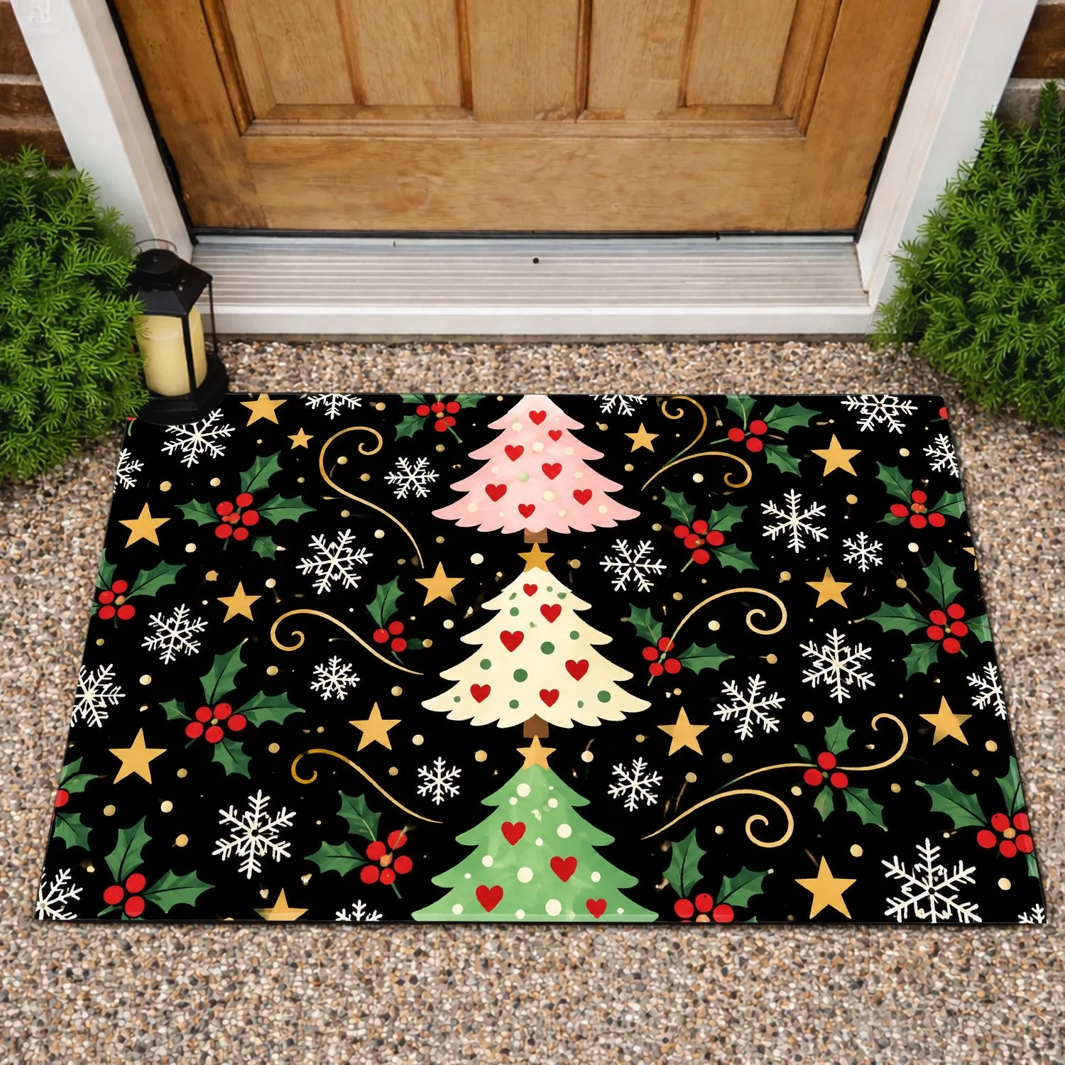 Three Christmas Trees with Hearts and Snowflakes for a Cheerful Holiday Home Decor Doormat - 1