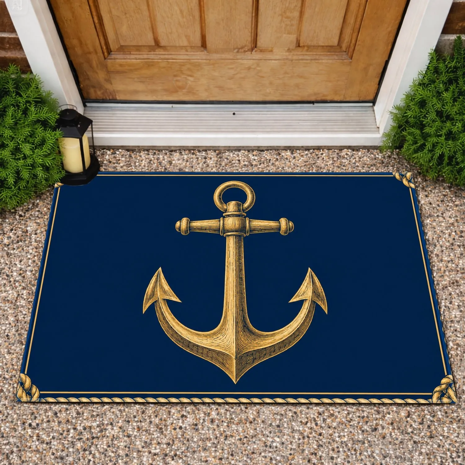 Antique Gold Anchor and Rope Border for Coastal Entryways and Nautical Homes Doormat - 1