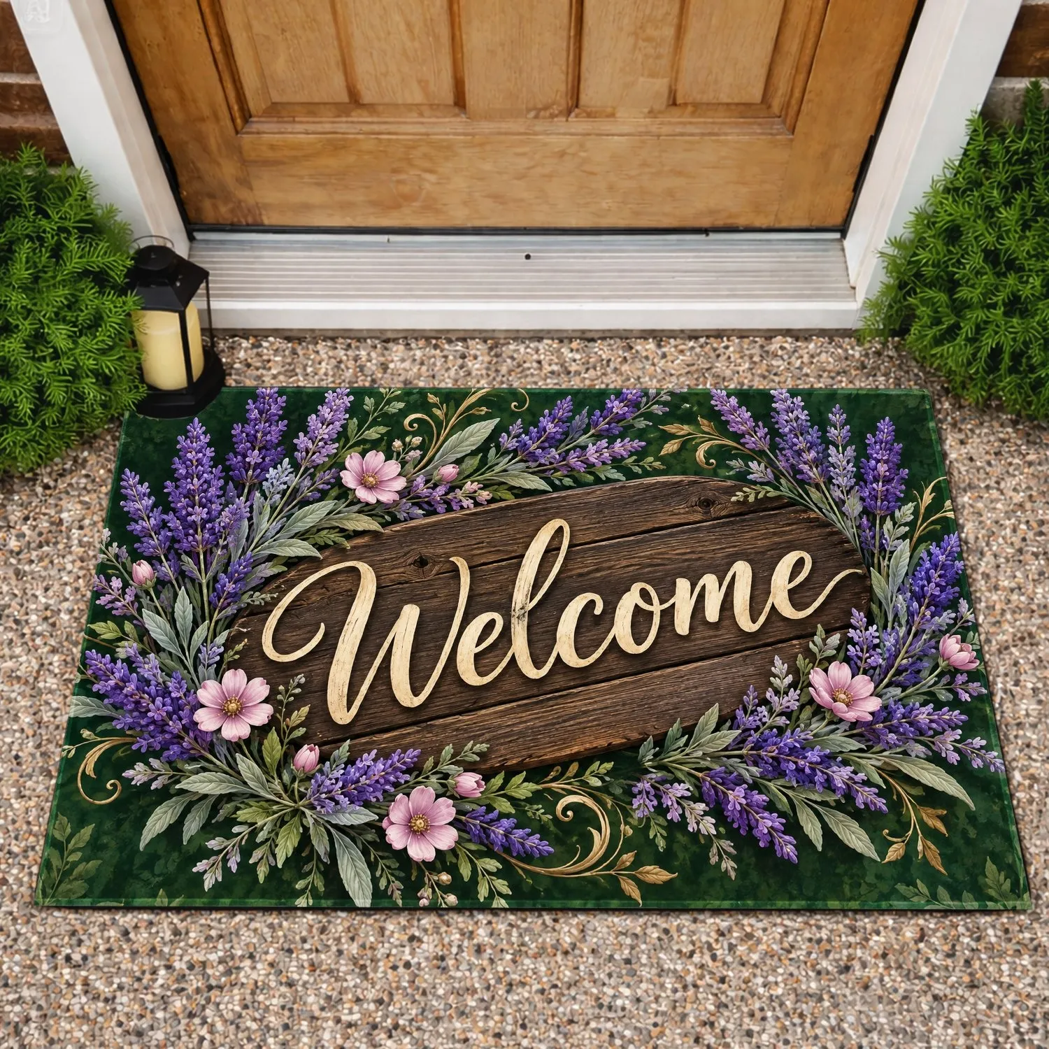 Lavender Welcome Sign With Rustic Wood And Floral Sprigs For A Cozy Country Entryway Doormat - 1
