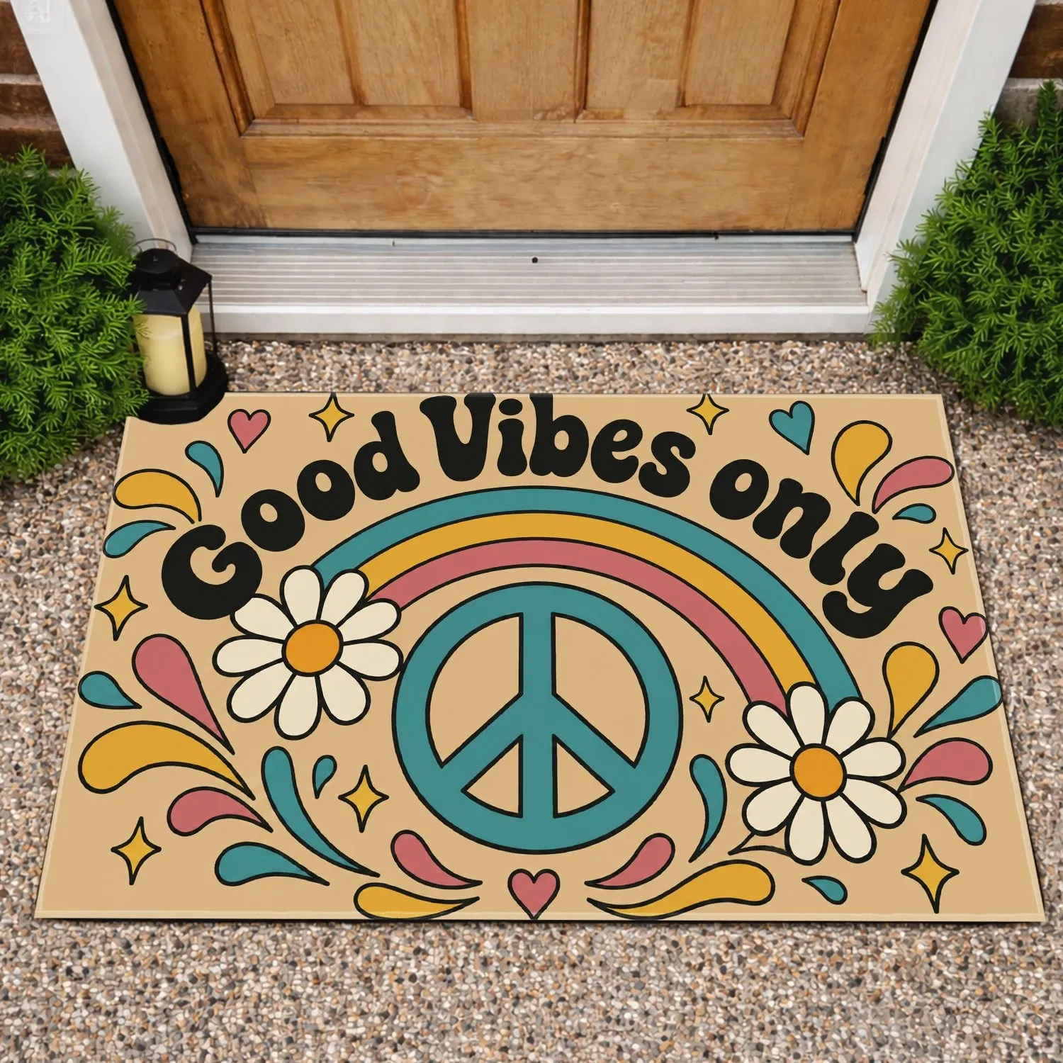 Rainbow Peace Sign and Daisies for Cheerful Boho Everyday Home Entryway Welcome Doormat - 1