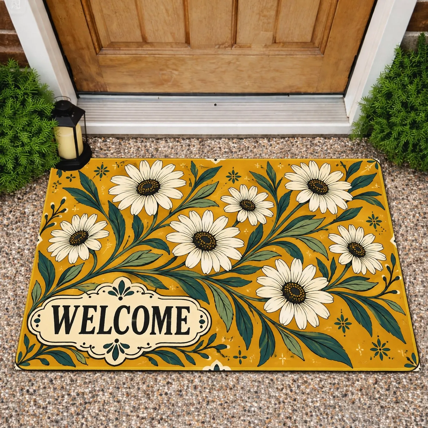 White Daisy Garden Welcome with Vintage Botanical Charm for Warm Home Entries Doormat - 1