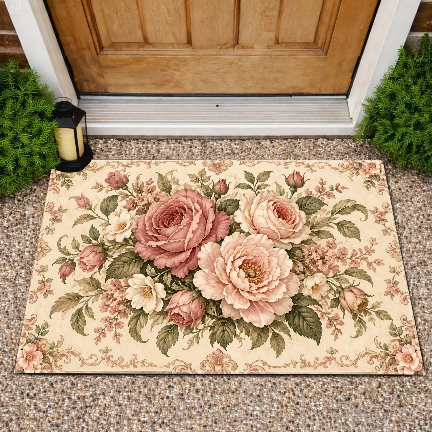 Vintage Blush Rose Bouquet for Elegant Cottage Home Decor and Romantic Bedroom Styling Doormat - 1