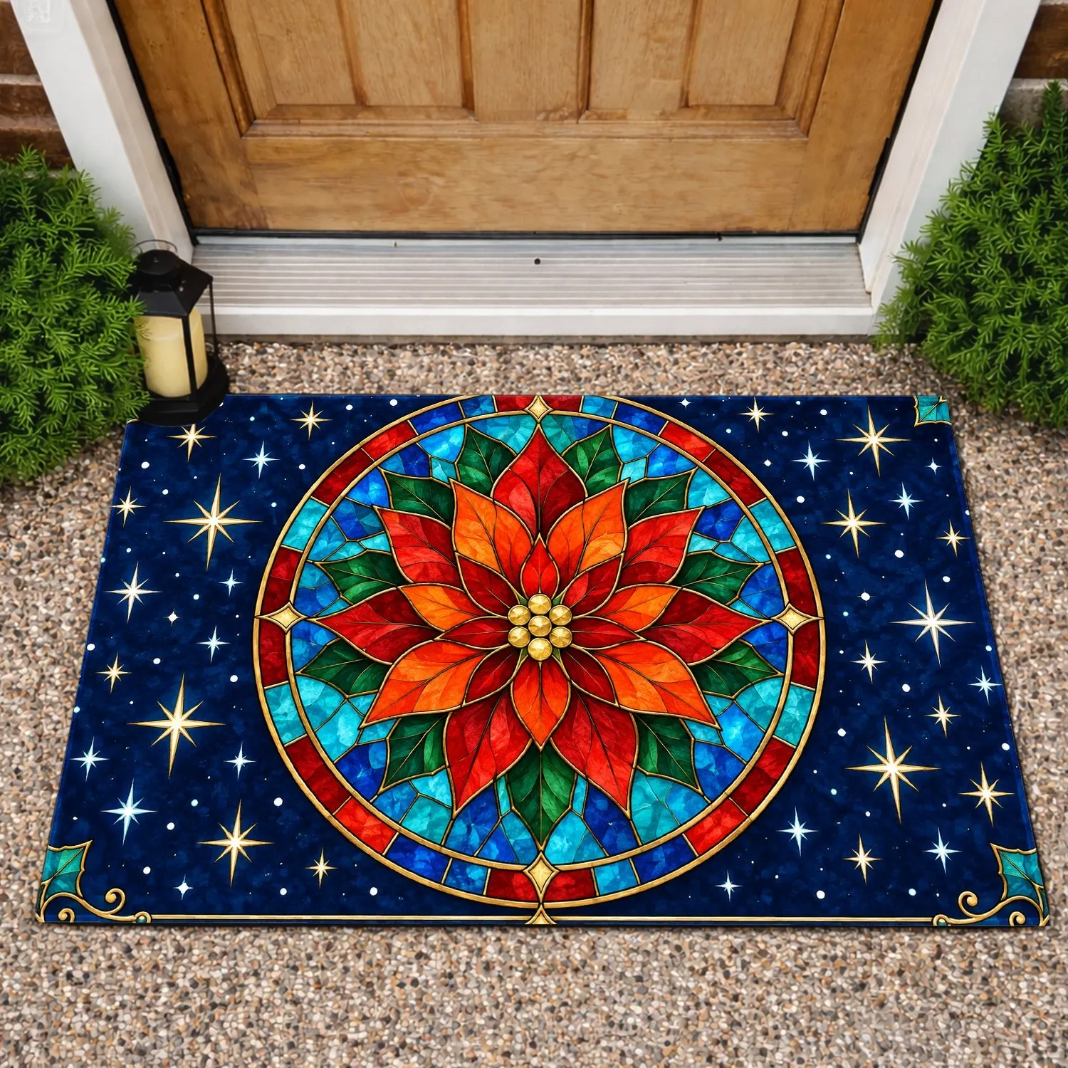 Stained Glass Poinsettia Holiday Decor for Festive Seasonal Home Entryway Style Doormat - 1