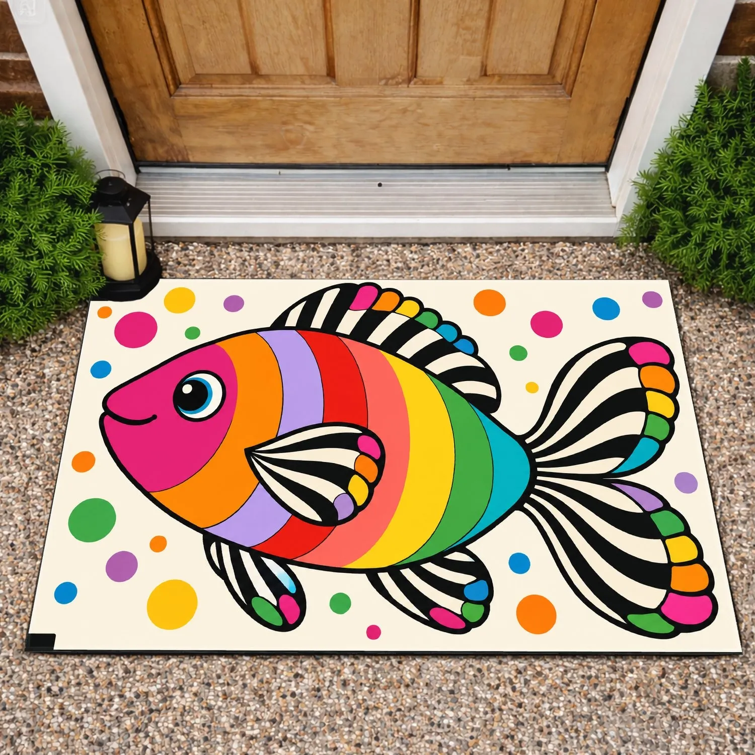 Rainbow Fish with Checker Border for Cheerful Coastal Home Decor and Everyday Living Rooms Doormat - 1