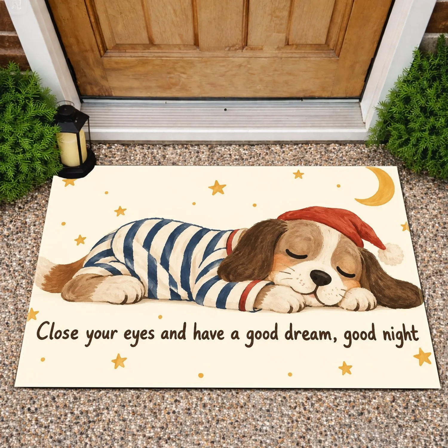 Sleepy Puppy in Striped Pajamas for Cozy Bedtime Routines and Dog Lover Homes Doormat - 1