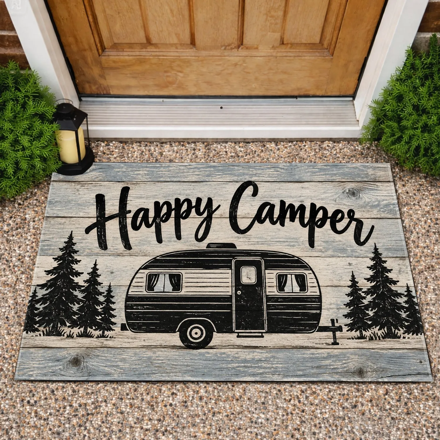 Rustic Happy Camper Van And Pine Trees For Road Trip Lovers And Outdoor Adventurers Doormat - 1