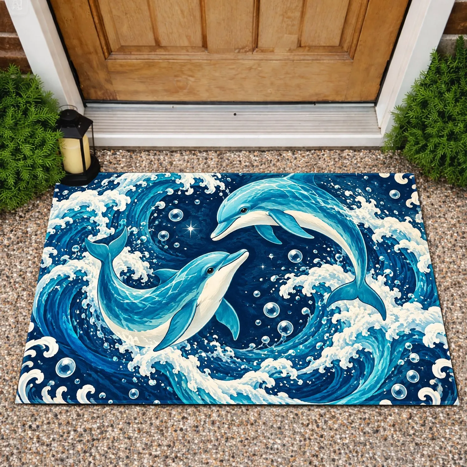 Dolphin Pair and Ocean Waves for Coastal Holiday Home Décor and Marine Life Lovers Doormat - 1