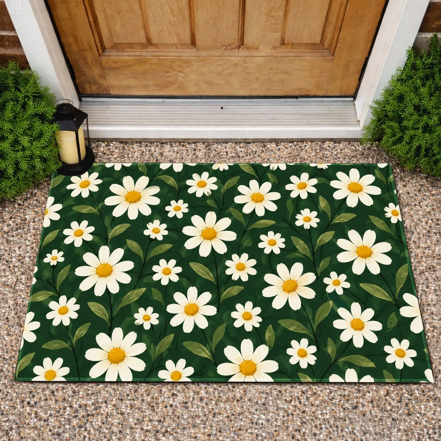 Dark Green Daisy Flowers for Fresh Cottage Home Entryway Decor and Nature Lovers Style Doormat - 1