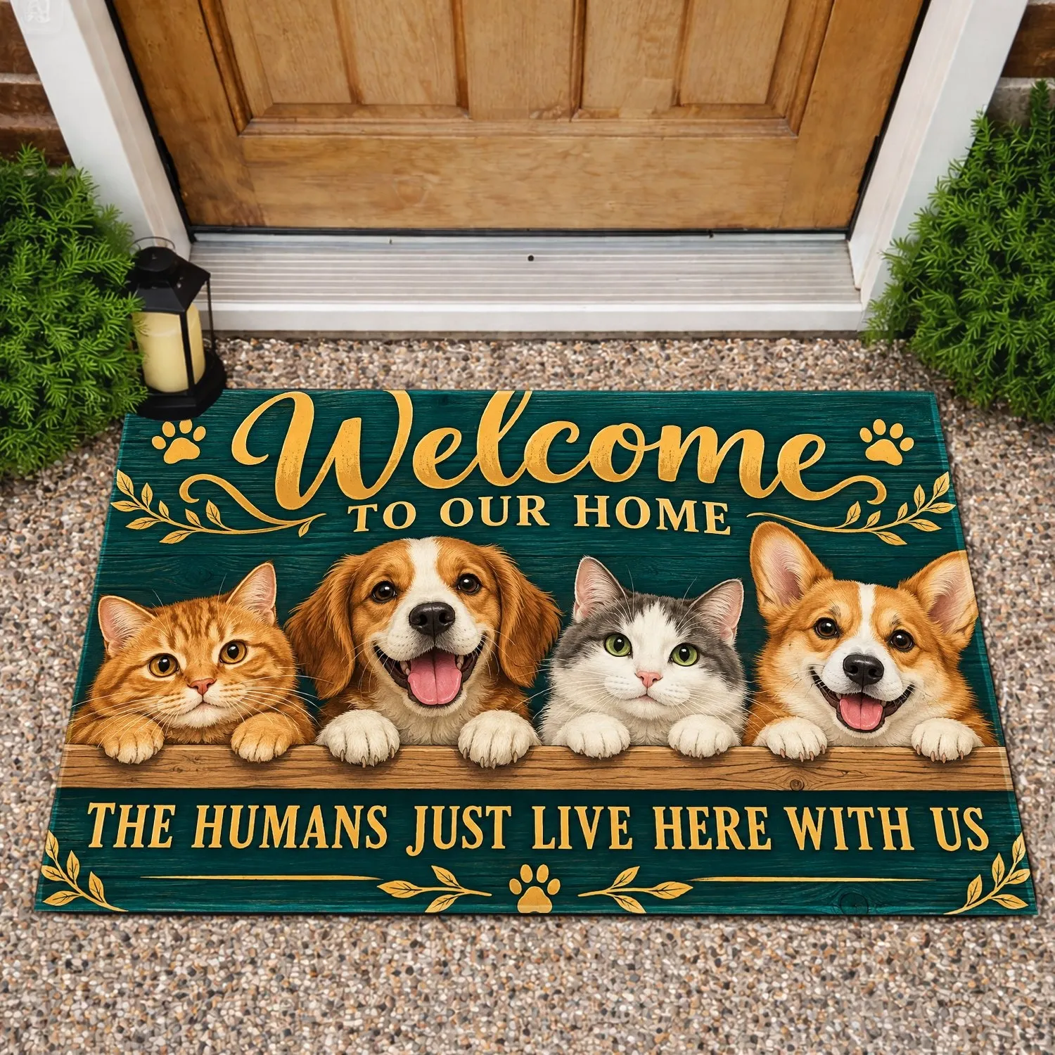 Four Pets Welcome Home Teal Woodgrain Entryway Scene for Dog and Cat Lovers and Families Doormat - 1